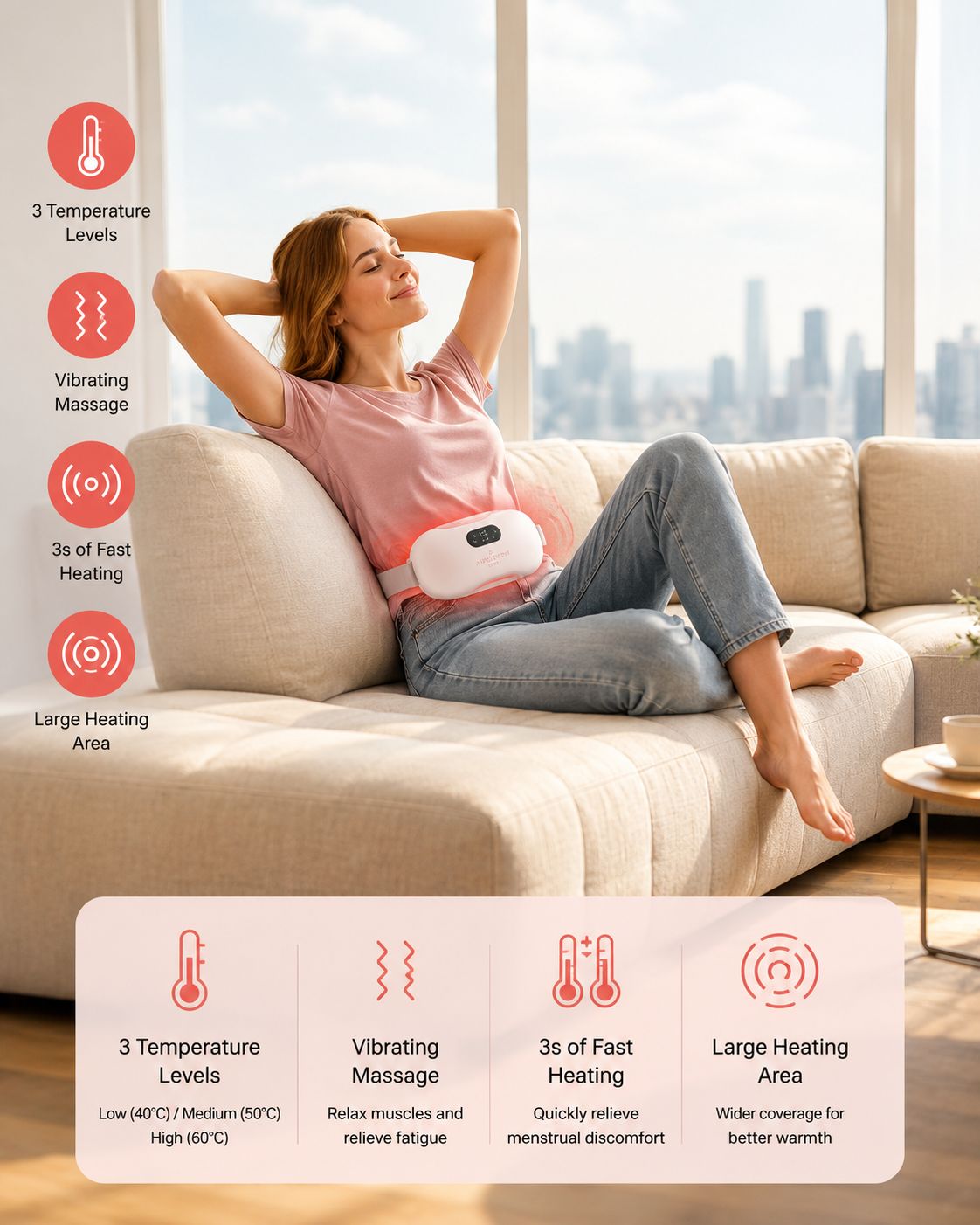 Portable Period Cramp Relief Massager, Heating Pad Belt